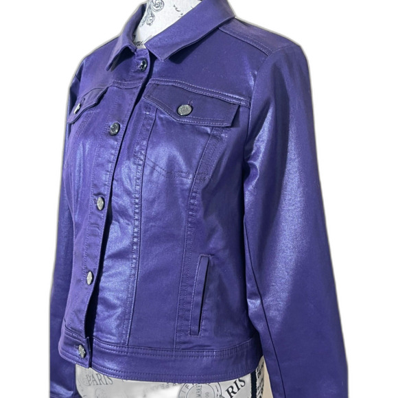 WHBM Purple Shimmer Biker Trucker Coated Jean Jacket Fancy 10 Chic Date EUC - Picture 2 of 8